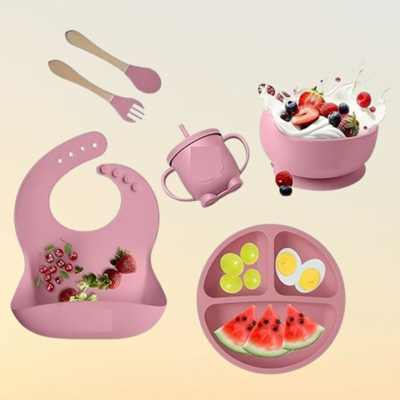 Dipdark 6PC_Infant Feeding Kit with Section Plate Bowl Cup and Bib  - Silicone(Multicolor)