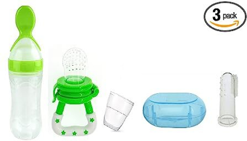 Saraswati kart Baby Spoon Feeder Fruit Nibbler With Rattle & Finger Brush BPA free  - 24(Green)