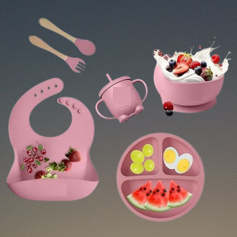 Dipdark 6PC_Toddler Mealtime Kit with Bib Cup Plate and Spoon  - Silicone(Multicolor)