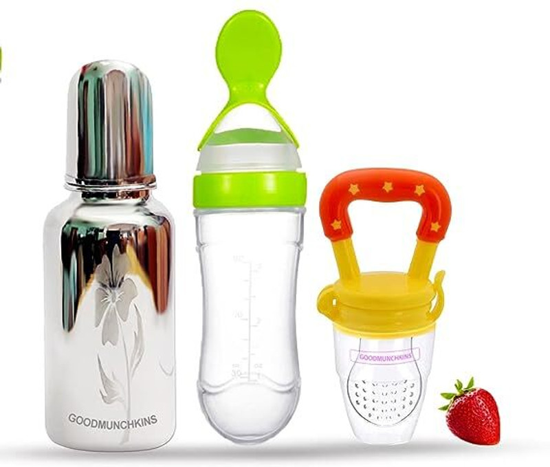Onisha Stainless Steel Feeding Bottle(250ml) Silicone Spoon Feeder (90ml) & Feeder - Silicone(Multicolor)