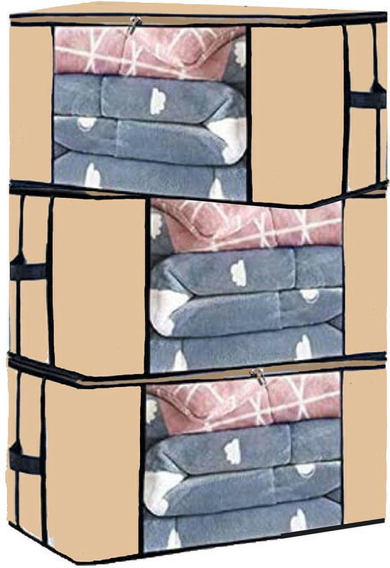 Mteaser Multipurpose Storage Box With Lid | Foldable Organizer for Clothes Storage Organizer, Blanket Storage Bag/Pouch for Wardrobe, Blanket Cover with a large Transparent Window and Zip Closer -(PC-3)(Beige)