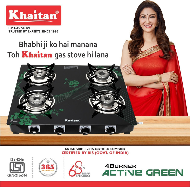 Khaitan 4 Burner Active Forged Black Toughened Glass Manual Gas Stove(4 Burners)