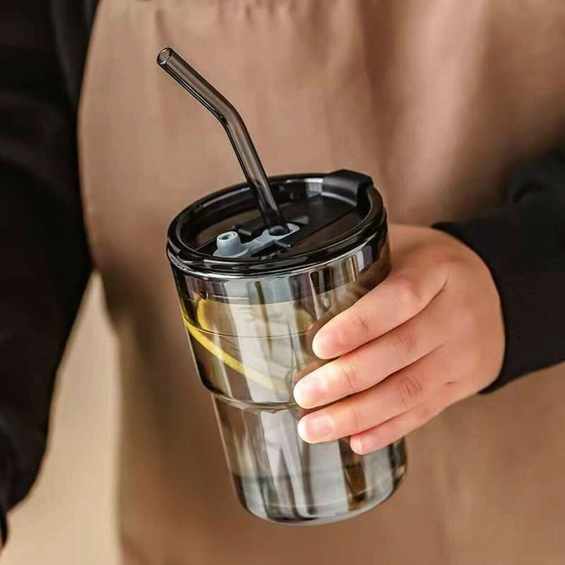 VHD Glass Tumbler with Straw and Lid Reusable Travel Iced Coffee Mug Leak-Proof Glass Water/Juice Glass(450 ml, Glass, Multicolor)