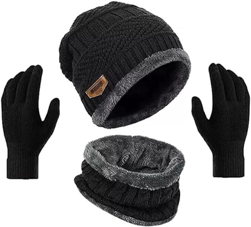 Reforce ® 3 PICS Beanie Hat Woolen Winter Cap with Neck Mufler & Hand Gloves Riding Gloves(Black)