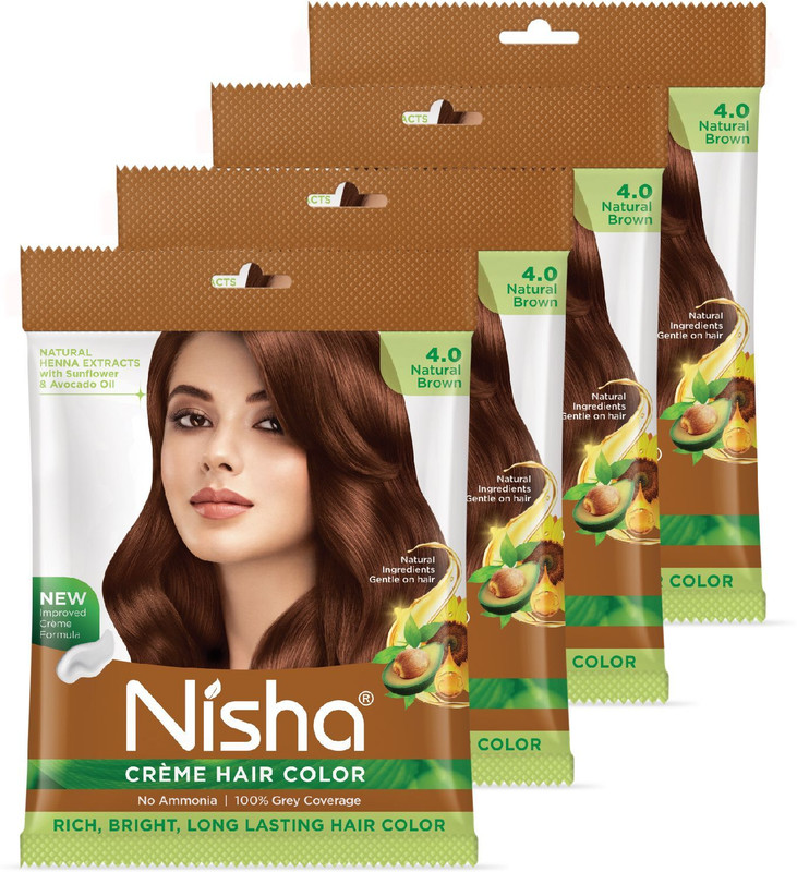 Nisha Creme Hair Color Pouch 40 gm ,Natural Brown (Pack OF 4) , Natural Brown