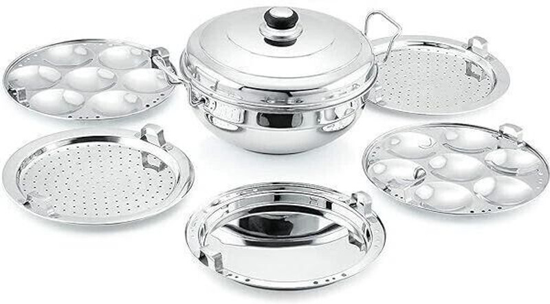 MITHALI Stainless Steel Multi Kadai with 2 Idli, 2 Dhokla & 1 Patra Steamer Plate Induction & Standard Idli Maker(5 Plates , 14 Idlis )