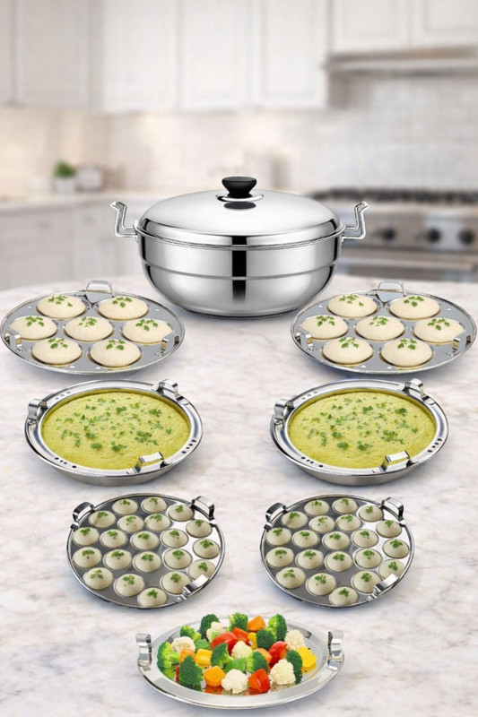 KRB KRB,Multi Kadai Copper Base 7Plate 2Idli|2Mini Idli|2Dhokla|1Patra|Momo's|28.5cm Induction & Standard Idli Maker(7 Plates , 48 Idlis )