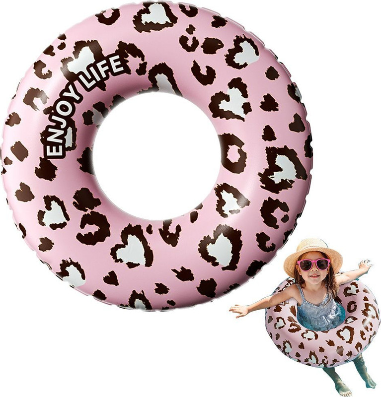 PROBEROS Adults Self Inflation Swimming Pool Ring 34cm Pink Leopard Print Swim Inner Tube Swim Floatation Belt