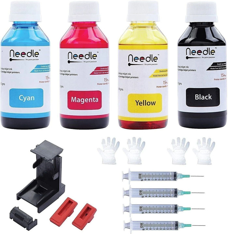 Needle Ink Refill with Suction Tool for Cartridge Printers 100 gms each Black + Tri Color Combo Pack Ink Bottle