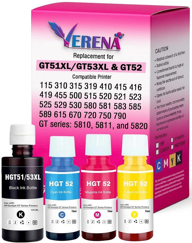 verena GT51/53XL GT52 Refill Ink Compatible for 310,315,319,410,GT5810,GT5820 Printers Black + Tri Color Combo Pack Ink Bottle
