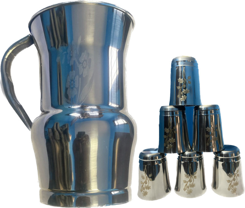 CLASY LASER PRINTED 400 G JUG FOWER DESING WITH 6 PCS OF GLASS Jug Glass Set(STAINLESS STEEL)