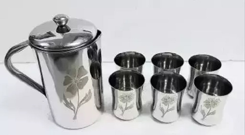 SRE SR STAINLESS STEEL1PC NOB JUG AND 6 PCS DAMROO GLASSES. Jug Glass Set(STEEL)
