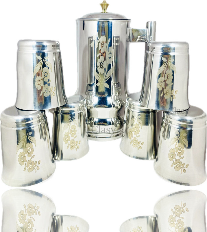 CLASY Fancy Laser Printed Jug With 6 Pcs Of Glass Laser Prited Heavy Weight Jug Glass Set(STAINLESS STEEL)