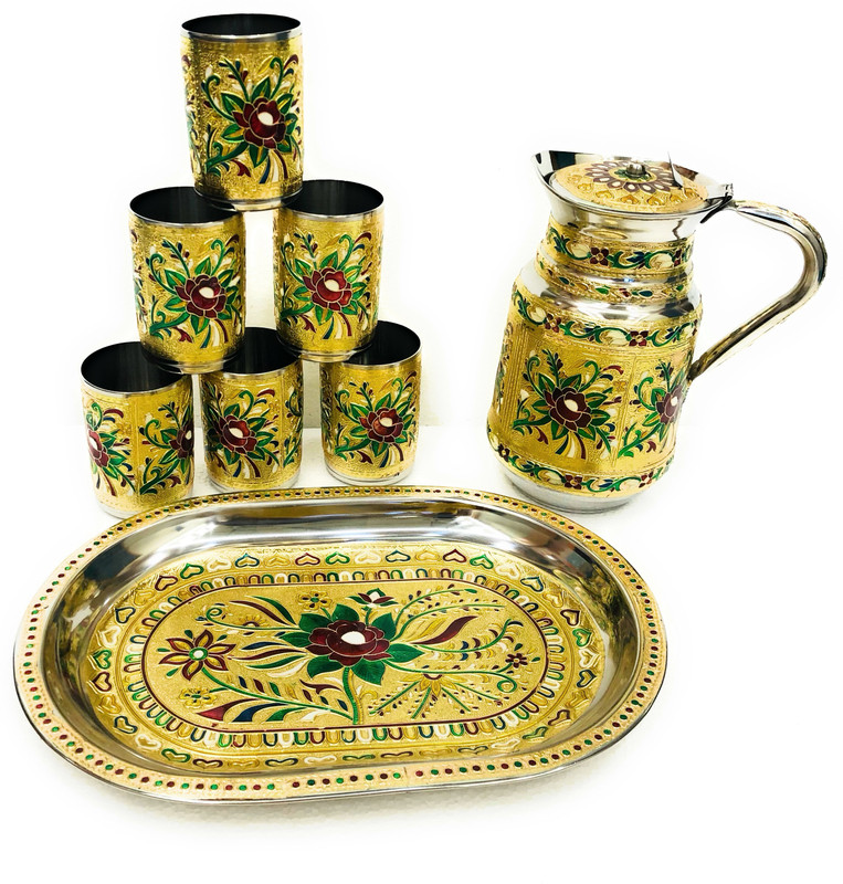 NAVRANG Glass Tray Set Steel Serving Set Meenakari Glass Tray Set Water Juice Serving Set Of 6 Glass Tray Set(Steel)