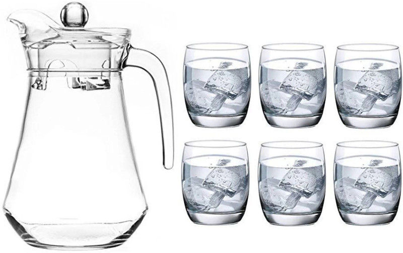 S1Store New Designs 1.3 Litter Glass Water Jug With 250ml Glass 6 Glasses Set, Cold Water Set, Glass Pitcher Set, Ice Summer Hot Drinking Glass Set (Pack Of 7) Jug Glass Set(Glass)