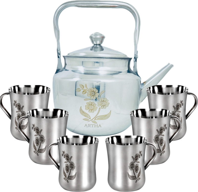 Artha Kettle Cup Set Pack Of 7 With Matching Laser Printing Desing Include 1 Kettle of 1 Ltr And 6 Cups 200 Ml Each Durable And MIrror Polished Cup And Kettle Jug Glass Set(Stainless Steel)