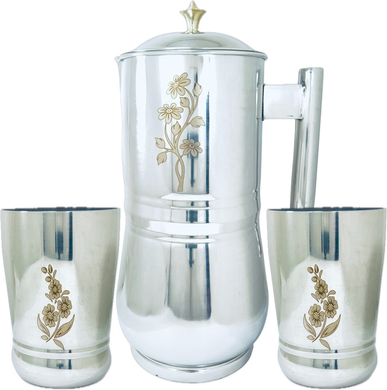 Artha Jug Glass Set Of 7 -Stainless Steel Mirror Polished And Laser Printed 2 Litre Water Jug With Brass Knob on lId And 6 Heavy Duty Glasses 400 Ml Each Weigh 100 Gram Each Glass And 500 Gram Water Jug Jug Glass Set(Stainless Steel)
