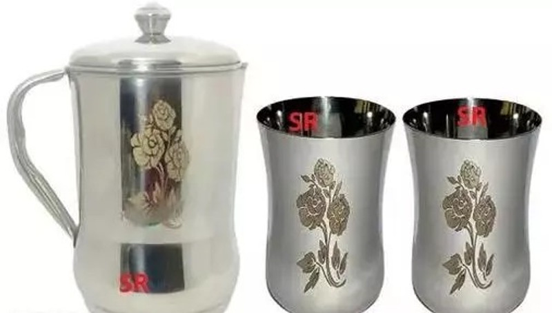 SRE SR STAINLESS STEEL 1 PC FLOWER PRINT NOB JUG AND 1 PC FLOWER PRINT STRAIGHT GLASS-COMBO PACK OF 2 PCS. Jug Glass Tray Set(STEEL)