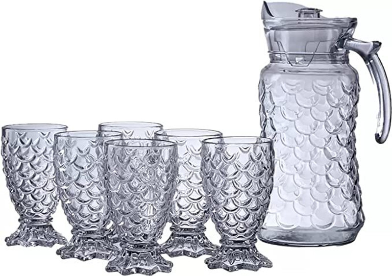 S1Store Italian Premium Water And Juice Glasses Set Of 6 And Jug Set Combo,(6 Pieces Glasses 240ml And 1 Water Juice Jug 1.5 Liter), Transparent, Glass And Jug Set (Classic,Royal Design) Jug Glass Set(Glass)