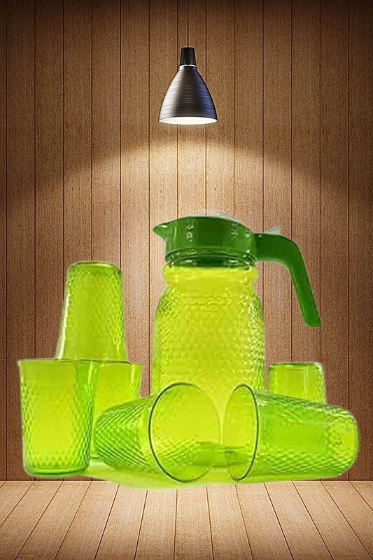 ANUWORD 2 lt Plastic Water Jug with Lid & Handle and 6 Pcs Serving Glass Set Combo Multicolours A58 Jug Glass Set(Plastic)