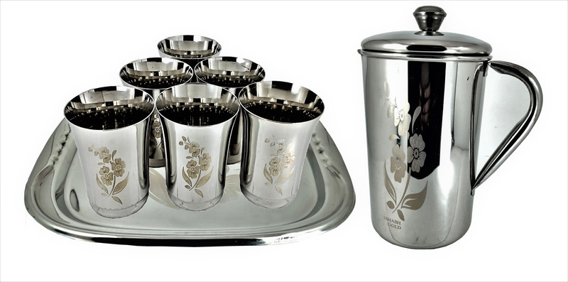 Rishabh Gold Lemon Set 8Pc Lz Jug Glass Tray Set(Stainless Steel)