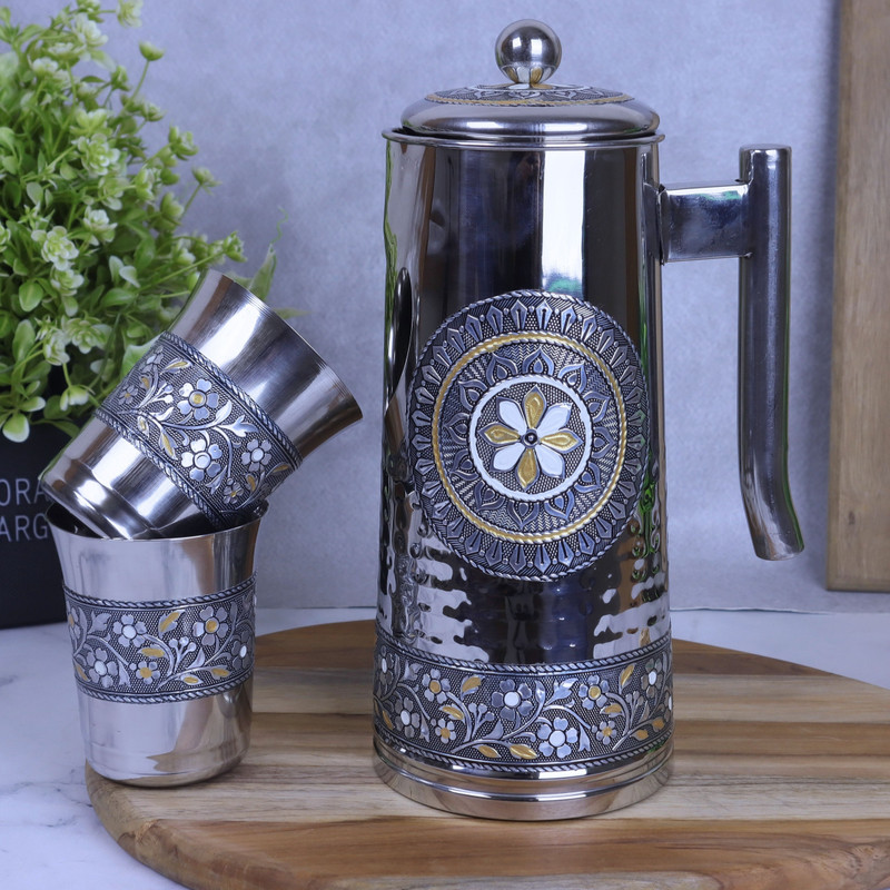 NAVRANG Jug Glass Set Stainless Steel Meenakari Drinkware Serving Set Jug Glass Set(Steel)