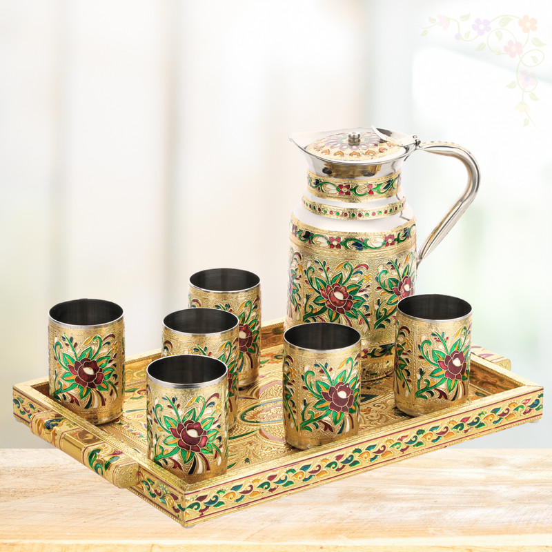 NAVRANG Meenakari Flower Lemon Set steel Glass Jug Tray Set Golden ( Steel, Wood) Jug Glass Tray Set(Stainless Steel, Wood)