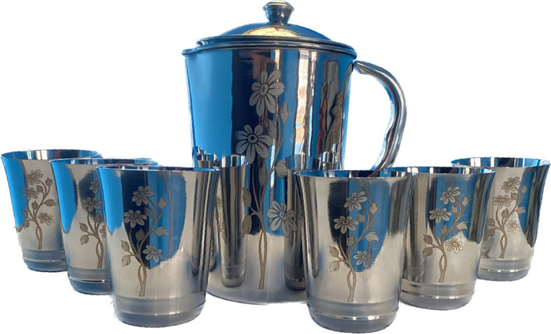 CLASY LASER PRINTED JUG FOWER DESING WITH 6PCS OF GLASS Jug Glass Set(STAINLESS STEEL)