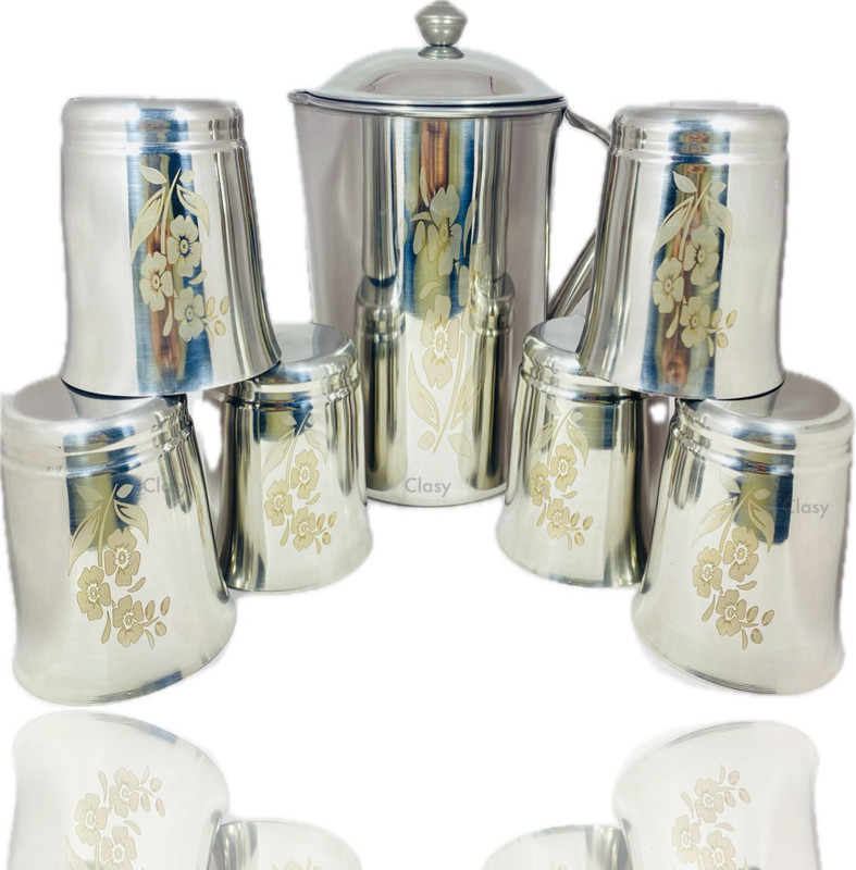 CLASY Fancy 100% Stainless Steel Flower printed Jug with 6 pcs Of Glass set Jug Glass Set(Stainless steel)