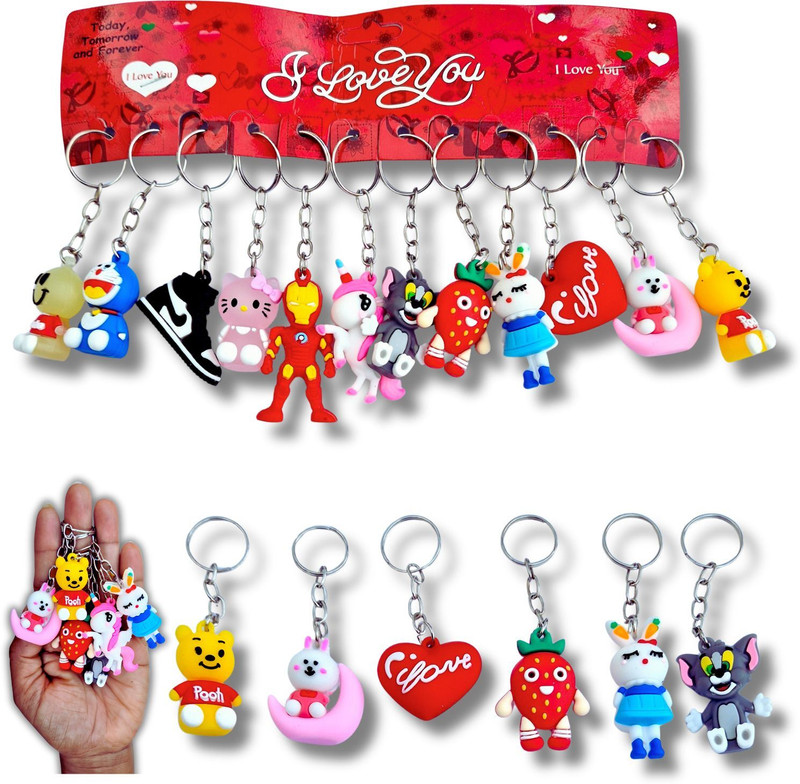 IncyWincy Small Mix Cartoon Keychains for Kids (Pack of 12), Return Gift, Classroom Reward Key Chain