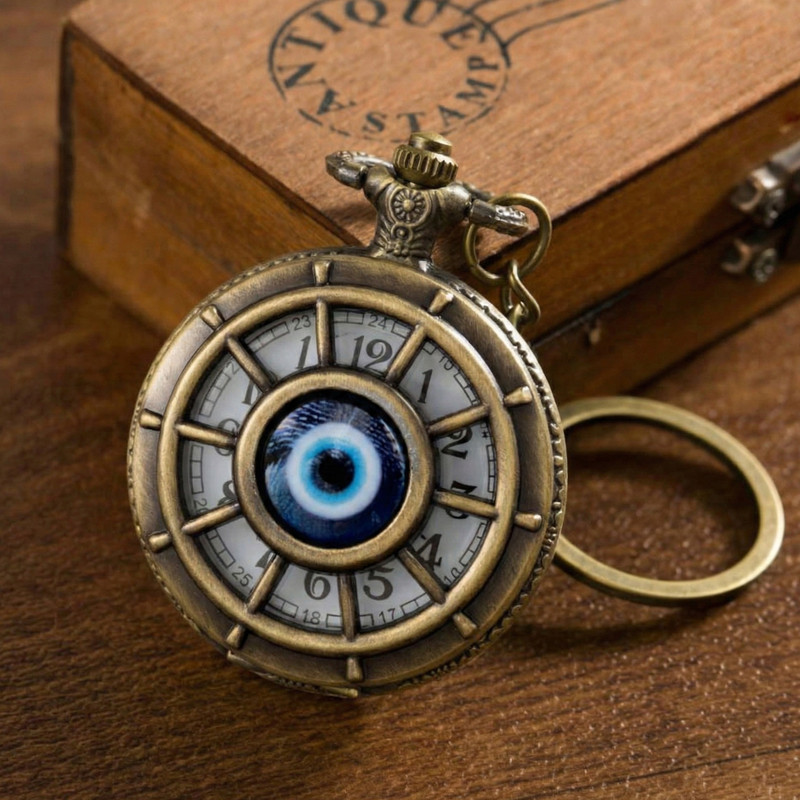 GT Gala Time Evil Eye Pocket Watch Keychain Vintage Antique Style Metal Key Ring Gift for Men Evil Eye Vintage Watch Keychain Steampunk Antique Style Metal Key Ring Bronze Metal Pocket Watch Chain