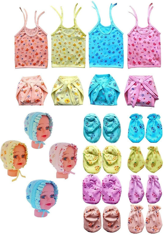 Qloth Clothing set for new born baby ( 4set mittens,4cap,4jabla,4Nappy (Multicolor)