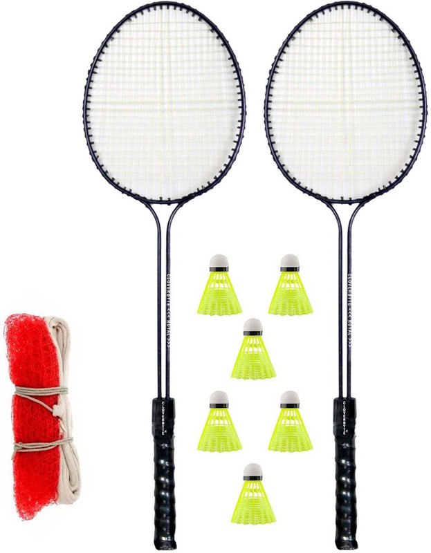 MINIBLITZ Double Shaft Single Colour 2 Racket With 6 Nylon Shuttle And Badminton Net Badminton Kit