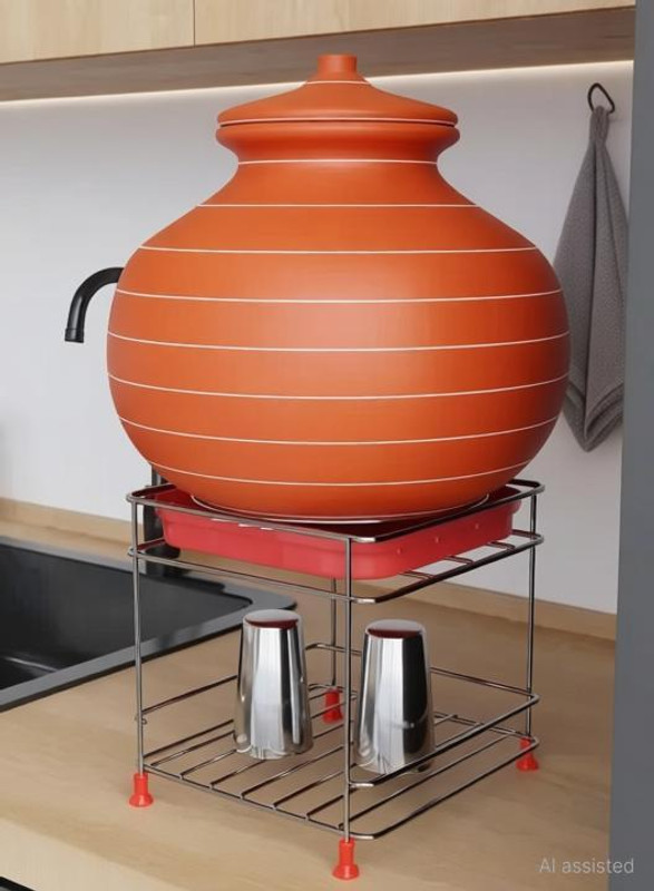 GESCHIR Matka Kitchen Rack Steel Heavy Stainless Steel Matka Stand With Plastic Tray Plant Stand Gamla Stand