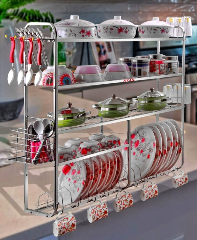 AVAIL Utensil Kitchen Rack Steel 4 Shelves Dish Rack | 24 x 24 Inch | Steel Kitchen Stand | Steel Storage Rack |