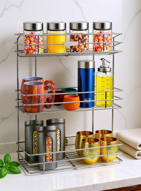 GESCHIR Utensil Kitchen Rack Steel Stainless Steel 2 -Tier Kitchen Corner Rack, Storage Shelf Rack, Dish Rack