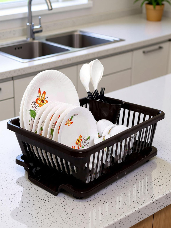 Quick Mart 3 in 1 Large Sink Set Dish Rack Drainer Drying Rack Washing Basket(Brown) Dish Drainer Kitchen Rack(Plastic)