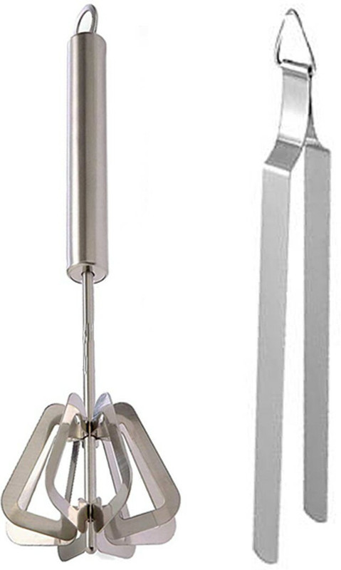 JISUN Stainless Steel Power Free Hand Blender/Mathani/Hand Mixi/Ravai/Madhani & Tong Roti Sekne Chimta Kitchen Tool Set(Silver, Blender, Tong)