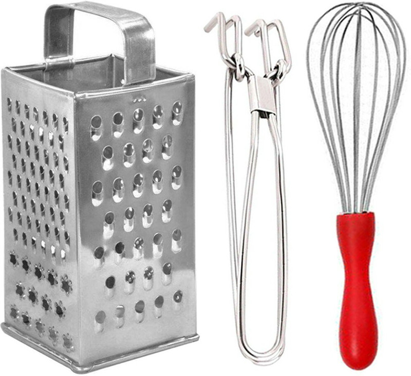OC9 Stainless Steel Slicer and Grater & Utility Pakkad & Egg Whisk / Egg Beater For Kitchen Tool Set(Silver, Grater, Tong, Whisk)