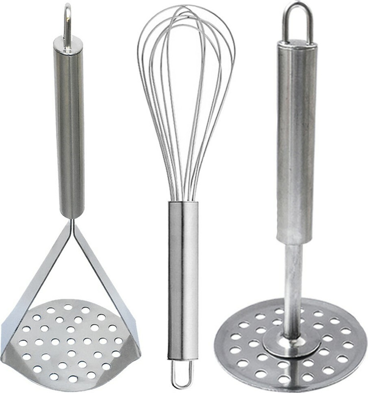 OC9 Stainless Steel Whisk / Egg Beater / Whisker & Potato Masher / Pav Bhaji Masher & Tong roti chimta Kitchen Tool Set(Silver, Masher, Whisk)