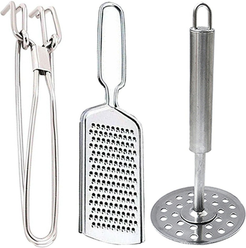 OC9 Stainless Steel Wire Grater & Utility Pakkad & Potato Masher / Pav Bhaji Masher Kitchen Tool Set(Silver, Grater, Tong, Masher)