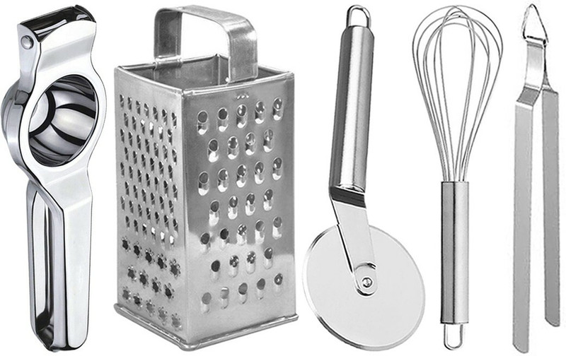 OC9 Steel Lemon Squeezer & Roti Chimta & Egg Whisk & Pizza Cutter & 4 in 1 Grater Kitchen Tool Set(Silver, Juicer, Grater, Cutter, Whisk, Tong)