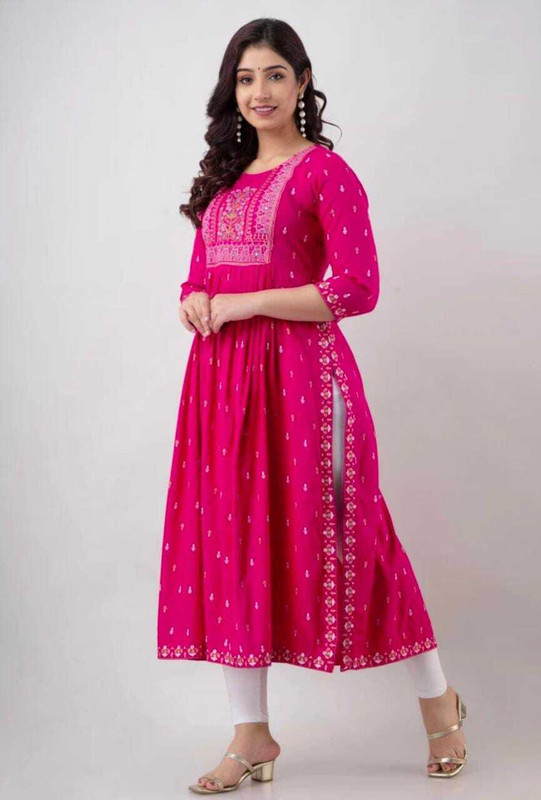 Women Printed Viscose Rayon A-line Kurta  (Pink)