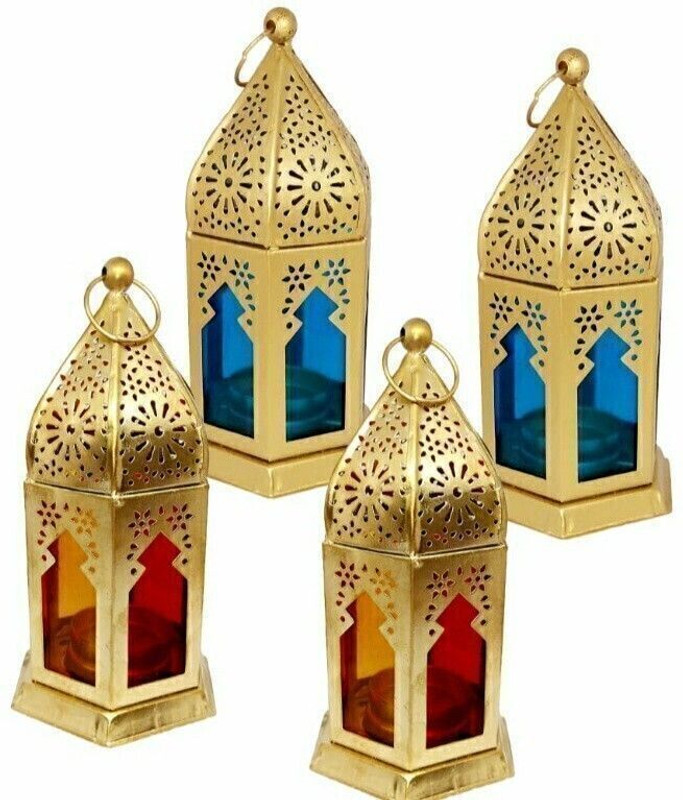 SK Crafts Ramadan decoration Lantern Candle Holder for Table Decor, Living Room office Gold Iron Hanging Lantern(15 cm X 10 cm, Pack of 4)