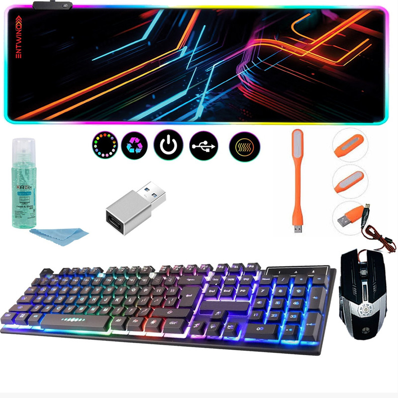 ENTWINO Gaming Keyboard Mouse Combo, 80 cms RGB Light Mousepad , OTG, USB Light, Cleaner Combo Set(Black)