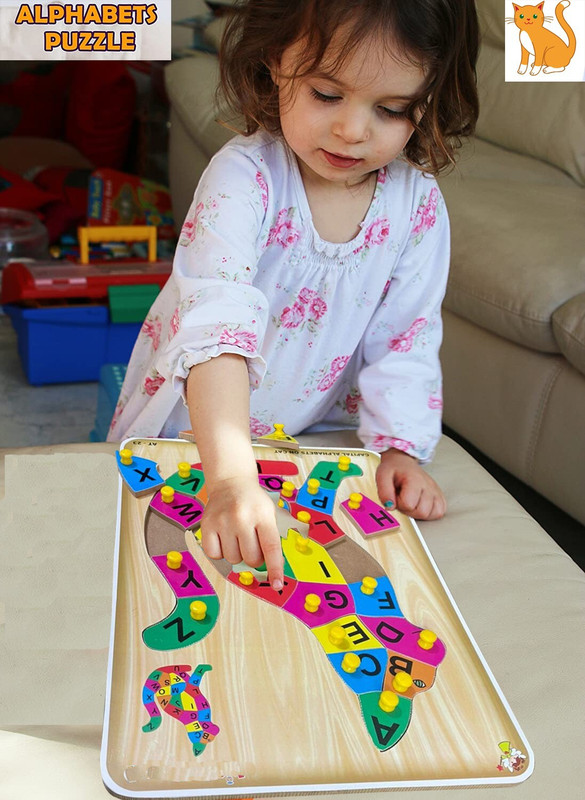SHALAFI Wooden English AtoZ Alphabets/Animal Cat Puzzle Tray with Knob Educational Board(Beige, Multicolor)