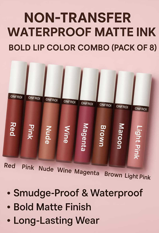 onfroi Non-Transfer Waterproof Matte Ink Liquid Lipstick Combo Pack of 8(Red, Pink, Nude, Wine, Magenta, Brown, Maroon, Light Pink, 24 ml)