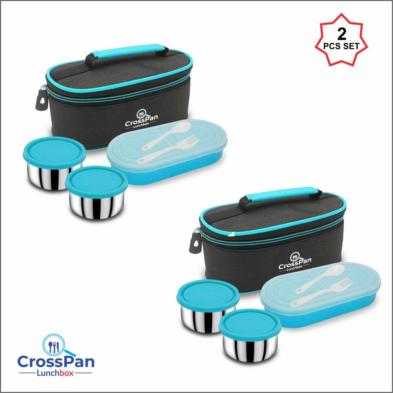 CrossPan Combo Double Decker Colour Blue 3 Containers Stainless Steel Office Lunch Box(1570 ml)