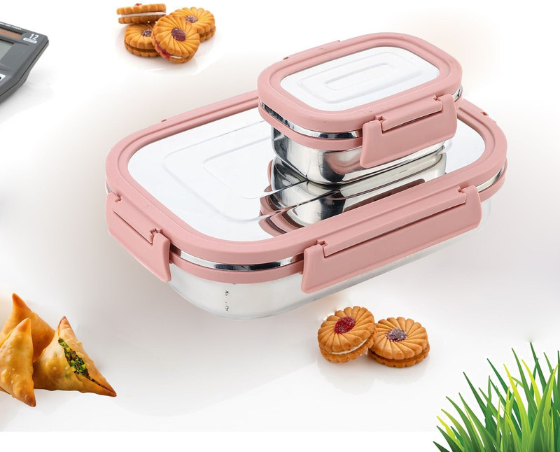 BLLUEX Stainless Steel Leak Proof, Airtight Lunch Box/Tiffin Box for Office, School 2 Containers Stainless Steel, Plastic School Lunch Box(1000 ml)
