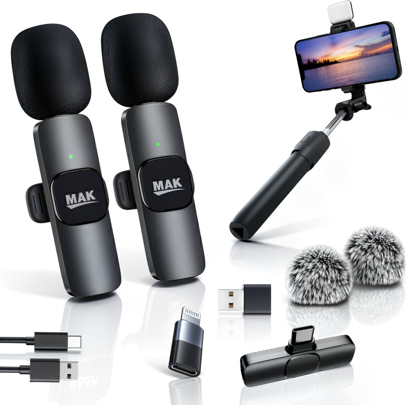 MAK Dual Wireless Furry Mic with LED Selfie Stick for Content Creation Microphone